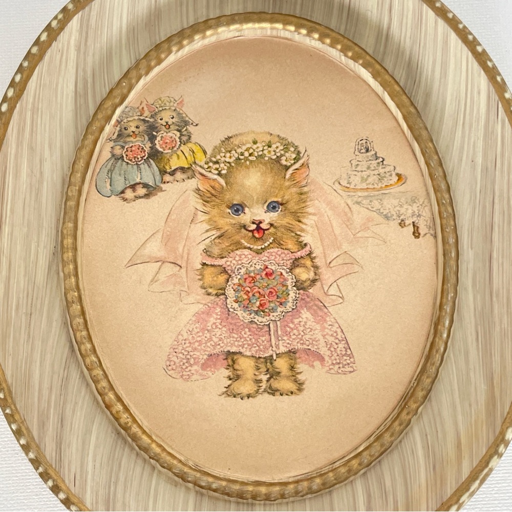 Vintage Cat Bride Wall Plaque + Schmid White Kitten Figurine Cottagecore Set - Picture 4 of 16